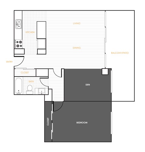 Floor plan for 1 bed, 1 bath, 950 sqft